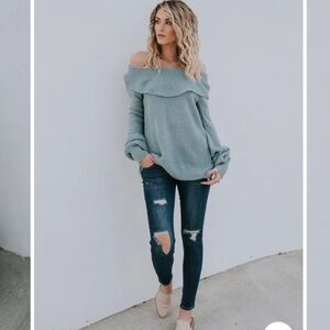 She + Sky Off-Shoulder Knit Sweater - Light Gray